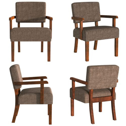 Accent Chairs Set of 2, 2 Solid Wood Armchairs with Side Table | Living Room Chairs with Soft Thicken Cushion, Comfy Reading Chair for Bedroom, Waiting Room, Home Office, Easy Assembly - color: Linen Brown, size: Set of 2 with table