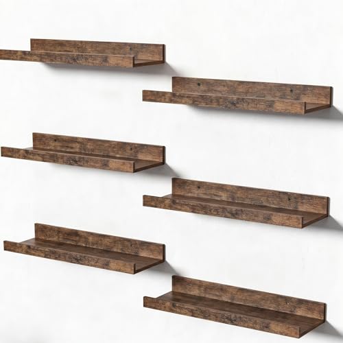 upsimples Floating Shelves for Wall Decor and Storage, Brown, 6Pcs 15.7'' | Wall Mounted Wood Shelves for Living Room, Bedroom, Bathroom, Kitchen, Office, Laundry Room Display and Organize - color: Brown, size: 15.7in