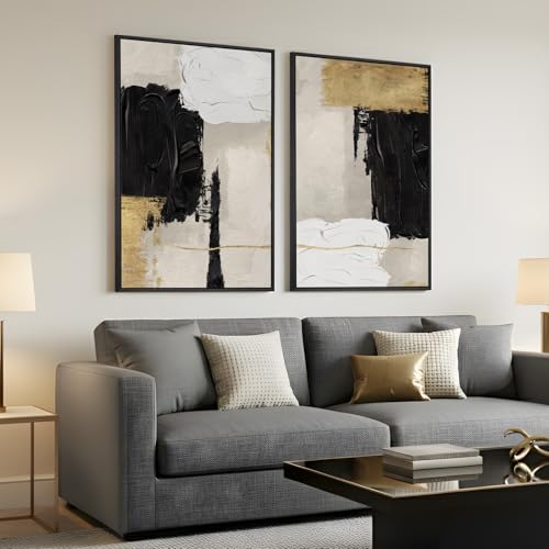Framed Black and White Abstract Wall Art for Living Room, Set of 2 Gold Modern Minimalist Canvas Artwork for Walls, Large Black White and Gold Luxury Prints Wall Decor for Bedroom Hallway, 24x36 Inch - color: Black Neutral Gloden, size: 24" W x 36" H x 2P