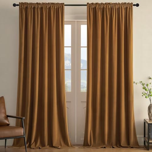 Joydeco Camel Brown Velvet Curtains 63 inch Length 2 Panels, Luxury Blackout Rod Pocket Thermal Insulated Window Curtains, Super Soft Room Darkening Drapes for Living Room Bedroom,W52 x L63 inches - color: Rod Pocket | Camel Brown, size: 52"W x 63"L (Pack