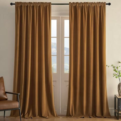 Joydeco Camel Brown Velvet Curtains 63 inch Length 2 Panels, Luxury Blackout Rod Pocket Thermal Insulated Window Curtains, Super Soft Room Darkening Drapes for Living Room Bedroom,W52 x L63 inches - color: Rod Pocket | Camel Brown, size: 52"W x 63"L (Pack