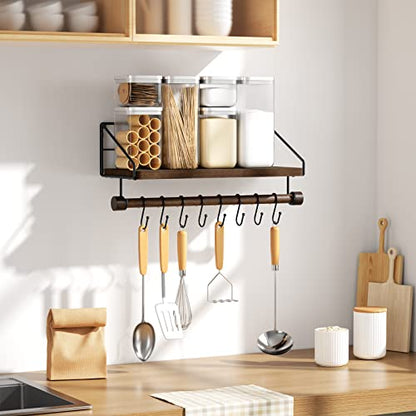 Alsonerbay Floating Shelf Coffee Bar Shelf with Towel Bar, Dark Brown | 8 removable hooks, solid wood, space-saving, holds cooking utensils & mugs, easy installation, kitchen & bathroom use - color: Dark Brown
