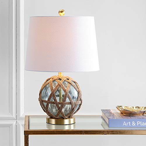 JONATHAN Y Andrews Table Lamp 21.5" Nautical Glass and Rope, Brown/Aqua | Coastal Transitional Bedside Light, White Linen Drum Shade, Brass Gold Metal Base, Rotary Switch, LED Bulb Included