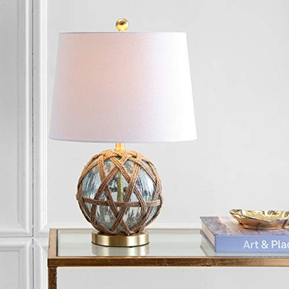 JONATHAN Y Andrews Table Lamp 21.5" Nautical Glass and Rope, Brown/Aqua | Coastal Transitional Bedside Light, White Linen Drum Shade, Brass Gold Metal Base, Rotary Switch, LED Bulb Included