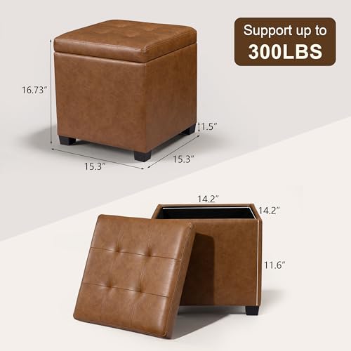 15 inch Square Storage Ottoman with Tray Lid,Modern Tufted Faux Leather Cube Coffee Table with Storage,Upholstered Ottoman with Removable Top for Living Room, Bedroom - color: Faux Leather -Taupe Brown With Tray