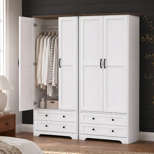 71" Wooden Armoire Wardrobe Closet Set of 2, 4 Doors & 4 Drawers | Modern Tall Storage Cabinet with 2 Adjustable Shelves and Hanging Rail, Sturdy Freestanding, Wide Drawers, For Bedroom - color: White, size: 71" - 4 DOORS