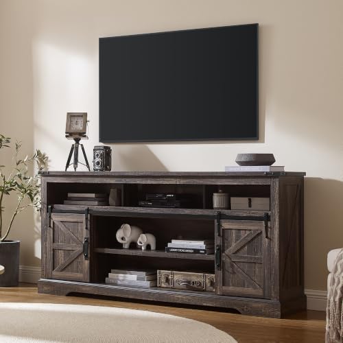 OKD 70" Farmhouse TV Stand for TVs up to 80", Dark Rustic Oak | 33" Tall, Rustic Entertainment Center, Sliding Barn Door, Large Open Storage Shelf, 2 Storage Cabinets, Living Room, Bedroom - color: Dark Rustic Oak