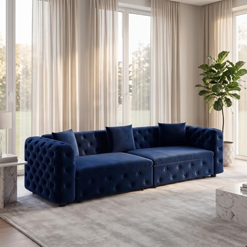 89" 4-Seater Queen Size Pull Out Sofa Bed with 3 Pillows, Blue | 4-Seater Classic Velvet Sofa with Tufted Design,3 Pillows,89" Extra Large 3-in-1 Pull Out Sofa - color: Q-blue-w01