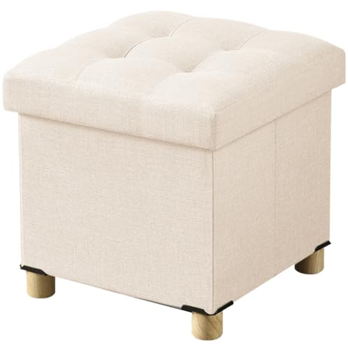 BRIAN & DANY Ottoman with Storage, Small Storage Ottoman for Dorm, Linen Folding Ottoman Foot Stool with Legs for Living Room and Bedroom, 15"x15"x15" - Beige - color: Beige, size: 15"D x 15"W x 15"H