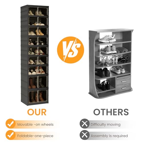 Foldable Shoe Organizer Storage Box, Portable Extra Large Folding Shoe Rack for Closet, Shoe Storage Box with Magnetic Transparent Door and Wheels, 9 Layers 18 Grids with 4 Big Grids - size: Black 9 Layers-C
