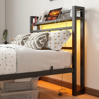 Twin Bed Frame with Headboard,Single Bed Frame with Charging Station and LED Lights,Metal Platform Bed Twin Sizes,No Box Spring Needed,Easy Assembly,Black (Black, Twin) - size: Twin, style: Modern Twin