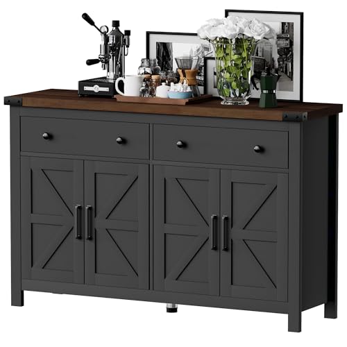 VVFLU 55" Sideboard Buffet Cabinet with Storage, Coffee Bar Cabinet with 2 Drawers and 4 Barn Doors, Long Storage Cabinet Modern Farmhouse, Black Wood, for Kitchen, Dining Room, Living Room - color: Black/Wood, size: 15.7"D x 55.1"W x 35.4"H