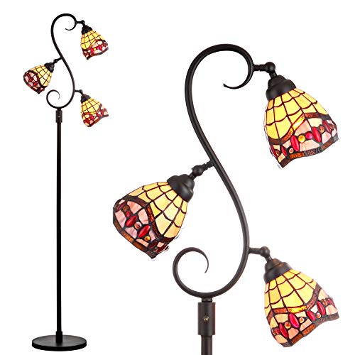 JONATHAN Y Walker 3-Light Tiffany Floor Lamp Stained Glass 70.5", Bronze | Traditional Handcrafted Metal Tree Design, Multi-Color Cone Shades, LED Bulbs Included, UL Listed, Silk Cord