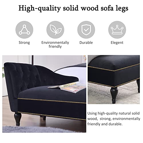 JIVOIT Velvet Upholstered Sofa Chaise Loungers, 58" Chaise Lounge with Nailhead Trim and Solid Wood Legs, Button Tufted Right Arm Facing Lounge Chair for Living Room, Sleeper Lounge Sofa - color: Black-polyester