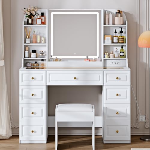 Arulvmrn 43" Makeup Vanity Desk with Mirror and Lights, & Power Outl, Glass Top Big Vanity Table with 9 Drawers& 8 Storage Shelves, Dressing Table Set with Chair for Bedroom, White - color: White