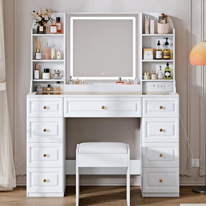 Arulvmrn 43" Makeup Vanity Desk with Mirror and Lights, & Power Outl, Glass Top Big Vanity Table with 9 Drawers& 8 Storage Shelves, Dressing Table Set with Chair for Bedroom, White - color: White