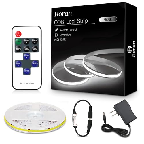 COB LED Strip Light with Remote Control, Dimmable, 6500K, White COB Light Strip, Indoor Led Light Strip for Living Room, Bedroom, Kitchen - color: 6500K