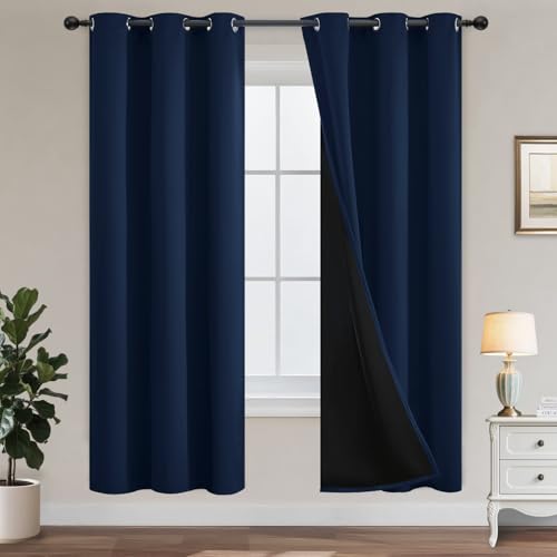 Yakamok Navy Blue Blackout Curtains 72 inches Long for Living Room 38" Wide | Thermal Insulated Window Treatment Total Blocking Panels with Black Liner for Living Room/Dining Room Grommet Top 2 Panels - color: Navy Blue, size: 38"W x 72"L (Pack of 2)
