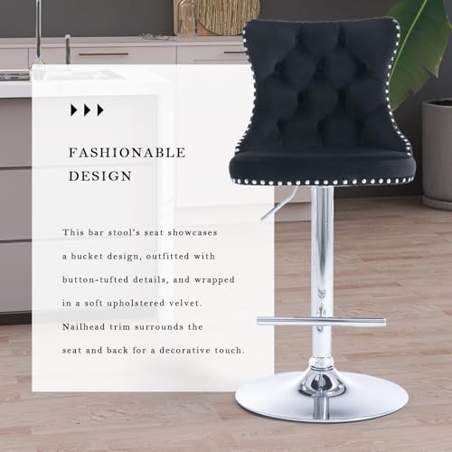 Velvet Bar Stool Set of 2, Adjustable Swivel Bar Stools with Silver Plated Metal Leg, Button Tufted, Footrest, Chrome Nailhead, Counter Height Chair for Kitchen, Bar, Dining Room (Black) - color: Black-silver Leg, size: Set of 2