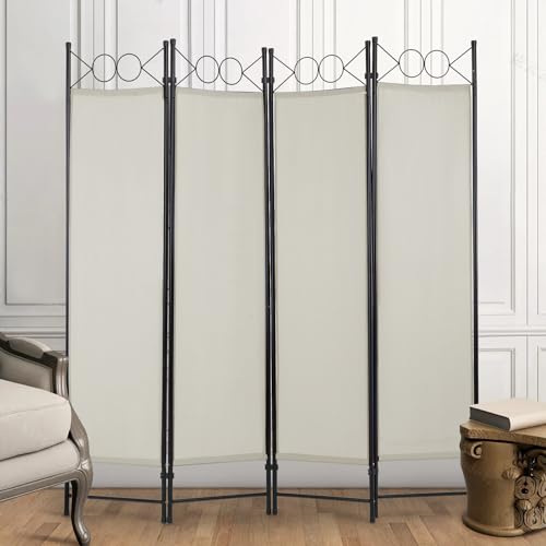 4 Panel Room Divider 6FT Steel Frame Screen Folding Privacy Divider Freestanding Partition for Home Office Bedroom (Beige) - color: Beige