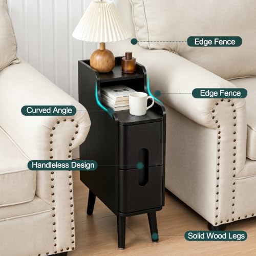 FurSch Narrow Nightstand Set of 2, Wooden Small 2 Drawer, Black | Slim Side End Table, Skinny Bedside Table, Mid Century Modern, 3-1 pc - color: Black 3-1 Pc