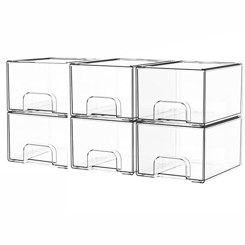6 Pack Small Stackable Storage Drawers,4.4 Inch Tall Stacking Acrylic Clear Storage Bins for Bathroom Vanity,Undersink,Pull Out Drawer Organizers for Beauty,Makeup,Medicine Cabinet Organizers - color: Clear-4.4 In Tall, size: 6 PCS
