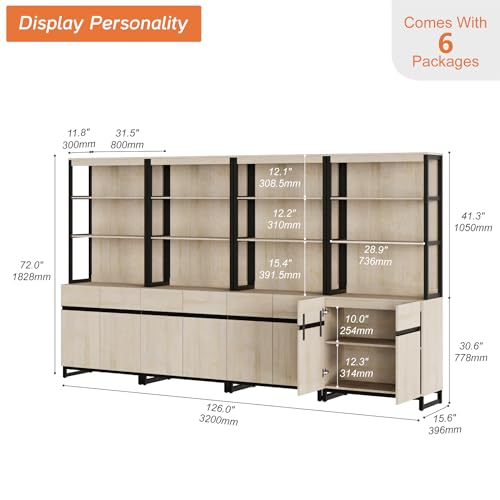 WAMPAT 4 PCS Modern 72" Tall Bookshelf with Metal Base and Adjustable Shelves, Library Bookcase with Storage Cabinet and Open Book Shelfs, Wood Bookshelves for Home Office, Living Room, Beige - color: Beige-a, size: 4 PCS