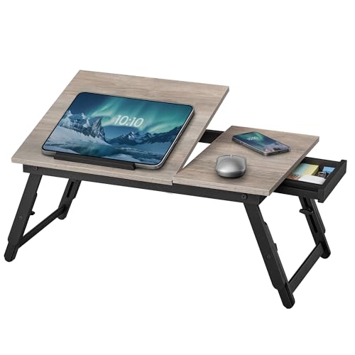 SONGMICS Bed Laptop Desk, Folding Bed Table Adjustable Angle and Height | Bed Tray for Laptop up to 15.6 Inches, Portable for Working Reading Writing Breakfast, Drawer, ULLD105W01 - color: Heather Greige, size: 13.7"D x 21.8"W（Bamboo+MDF）