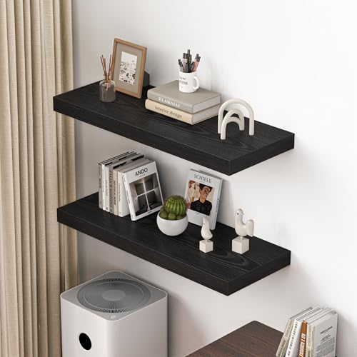 Dreamland 36" Floating Shelves for Wall, 12" Deep Thicker Black Floating Shelves, Wall-Mounted Shelves for Bedroom, Living Room, Kitchen, Bathroom - Set of 2 - color: Black, size: 36"W x 12"D x 2"H, Set of 2
