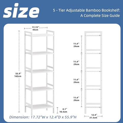 HITNET 5 Tier Bamboo Shelf, Tall Narrow Bookcase, Freestanding Bathroom Storage Unit with Adjustable Shelves, Modern Display Standing Bookshelf for Living Room, Bedroom, Home Office, White - color: White