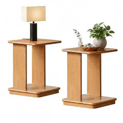 C Shaped End Table Set of 2, Solid Wood Side Table with Wheels, Natural Wood Nightstand, 2-Tier Wood Sofa Table Coffee Table for Living Room, Bedroom, Home Office(19.69" H) - color: Natural-19.69"h-2p