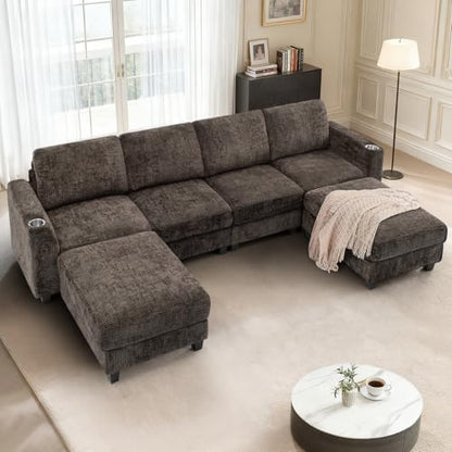 110" Convertible U-Shape Couch with 2 Flexible Ottomans, Brown | Soft Sectional Sofa w/2 Built-in Cup Holders, Chenille 4 Seats Sofa with Well-Filled Back Cushions for Living Room, House - color: Brown, size: 110" U-Shape