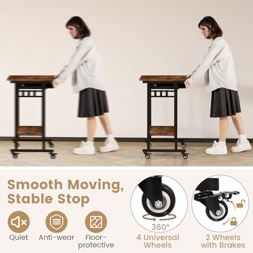 GIANTEX Rolling Computer Desk, Mobile Portable Desk with Keyboard Tray & Wheels, Laptop PC Table Cart with Shelf & Hooks, Industrial Small Desk for Small Spaces, Home Office, Bedroom, Rustic Brown - color: Rustic Brown