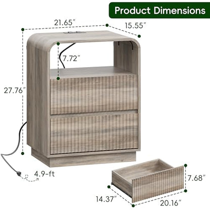 Grey Nightstands Set of 2 with Charging Station, Mid Century Modern End Tables & Bedside Tables, Fluted Wood Small Night Stands with 2 Hidden Drawers and Storage Shelf for Bedroom, Gray - color: Grey, style: 2 Drawers-2 PCS