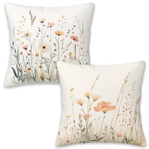 Throw Pillow Covers 18x18 Set of 2 | Vintage Wildflower Decorative Cushion Covers for Couch Sofa | Boho Neutral Botanical Pillow Cases for Living Room Bedroom | Classic Home Decor Accent - color: Vintage Wildflower
