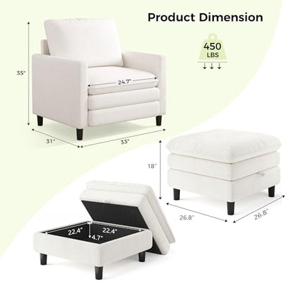 Welzona 3-Layers Cloud Accent Chair with Ottoman, 33" Teddy Reading Chair | Comfy Teddy Fabric, Washable Covers, Tool-Free Setup, All-wood Arm Chair and Ottoman Sets for Living Room, Bedroom, Beige - color: Beige, size: cloud chair & ottoman