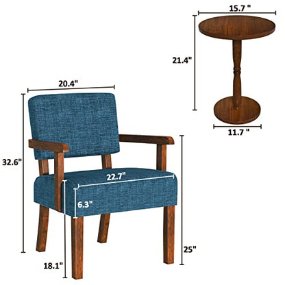Accent Chairs Set of 2, 2 Solid Wood Armchairs with Side Table | Living Room Chairs with Soft Thicken Cushion, Comfy Reading Chair for Bedroom, Waiting Room, Home Office, Easy Assembly - color: Linen Blue, size: Set of 2 with table