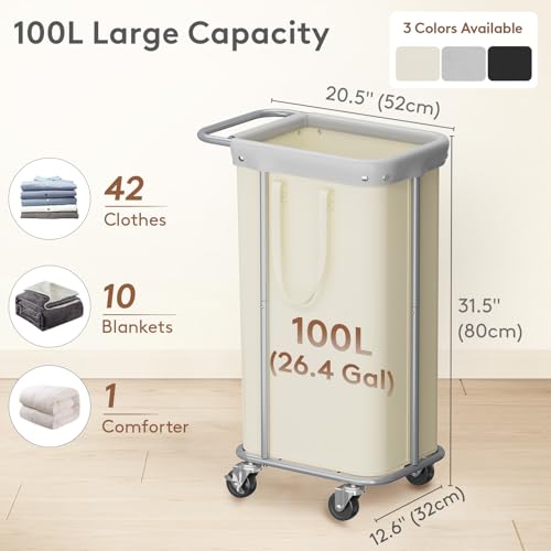 Lifewit 100L Rolling Laundry Basket with Steel Frame, Removable Bag, White | 1 Section Laundry Hamper with Rubber Wheels, Waterproof Large Laundry Cart, Sturdy Steel Base for Luandry Room, Bedroom - color: White, size: 100L