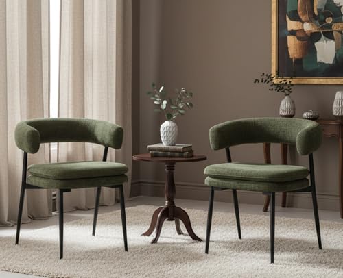 ROCITY Green Dining Chairs Set of 2 Modern Upholstered Kitchen Chairs | Curved Barrel Back, Black Metal Legs, Chenille Fabric, Side Chairs for Dining Room/Restaurant - color: Olive Green, size: 2PCS