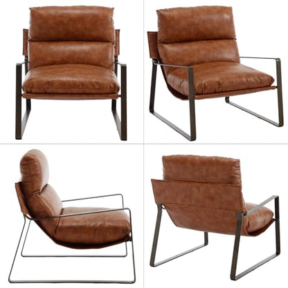 1-Pack Accent Chairs, PU Leather Living Room Chair, Brown | Comfy Armchairs, Upholstered Lounge Armchair, Removable Seat Cushion, Bronze Metal Frame, For Reading Room, Bedroom, Balcony - color: Brown-bronze Legs, size: 1PC