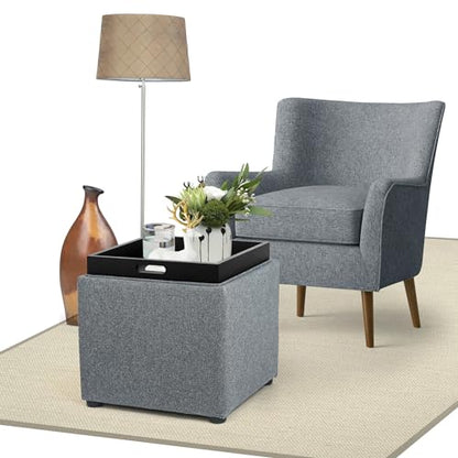 Storage Square Ottoman with Tray, Small Linen Foot Rest Stool Cube, Coffee Table for Dorm Living Room Bedroom, Gray - color: Tray, Grey