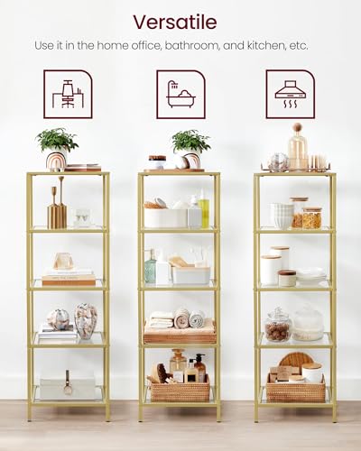 VASAGLE Bookcase, 5-Tier Bookshelf, Slim Shelving Unit for Bedroom, Bathroom, Home Office, Tempered Glass, Steel Frame, Metallic Gold ULGT029A01 - color: Metallic Gold, size: 5 Tiers (15.7"W x 49"H)