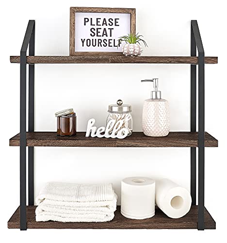 Mkono 3 Tier Floating Wall Shelf Wood Hanging Shelf with Brackets 23.5 Inch | Bathroom Storage, Clutter-Free, Easy Install, Rustic Decor, Over Toilet Organizer, Fits Bathroom Kitchen Living Room Office - color: Brown, size: 23.5"