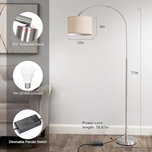 Arc Floor Lamp, Dimmable Floor Lamp with Adjustable Hanging Shade, Silver | Modern Arched Standing Lamp, Tall Pole Reading Light for Living Room, Bedroom, Over Couch, Office, 9W LED Bulb Included - color: Silver