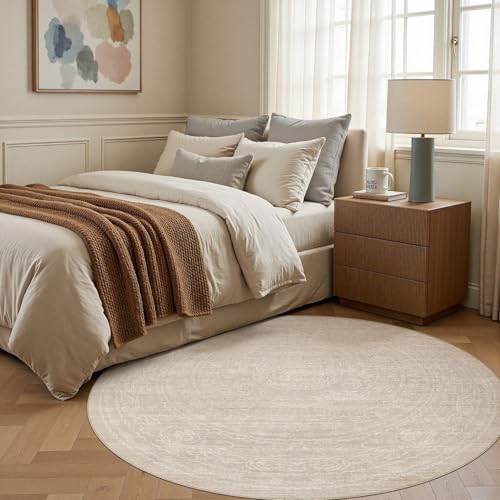 Nakagishi Neutral 6x6 Round Area Rugs Living Room Washable, Beige | Pet & Kid Friendly, Non-Slip, Soft, Low-pile Carpet for Living Room/Bedroom/Dining Room/Nursery, Stain Resistant Vintage - color: Beige, size: 6' (Round)