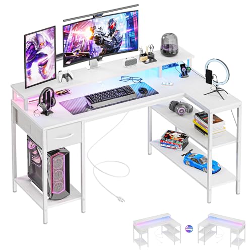 DUMOS 53 Inch Gaming Desk, L Shaped Desk, LED Lights | Monitor Stand, Storage Shelves, Computer Table, USB Charging Ports, Power Outlets, Small Spaces, White - color: White, size: 53-Inch