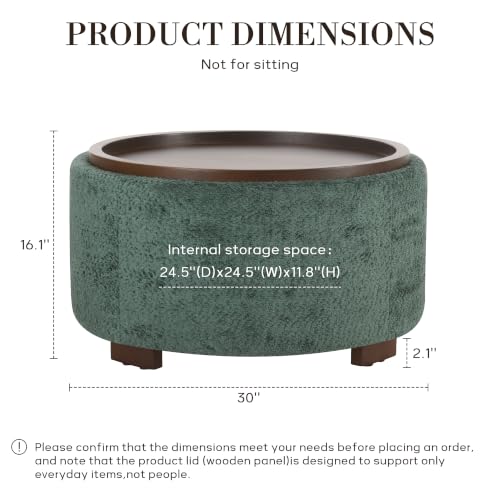 Zihanhome 30" Round Chenille Storage Ottoman Coffee Table with Removable Tray Top, Large Hidden Storage Ottoman, Solid Wood Legs for Living Room, Bedroom, Apartment (Moss Green) - color: Moss Green