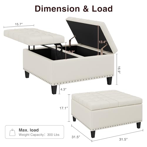 FiveWillowise 31.5 Inch Large Square Ottoman with Storage,Faux Leather | Coffee Table Storage Ottoman Bench with Lift Top Upholstered Footrest Stool Toy Box for Bedroom Living Room,Yellow White - color: Yellow White