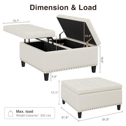 FiveWillowise 31.5 Inch Large Square Ottoman with Storage,Faux Leather | Coffee Table Storage Ottoman Bench with Lift Top Upholstered Footrest Stool Toy Box for Bedroom Living Room,Yellow White - color: Yellow White