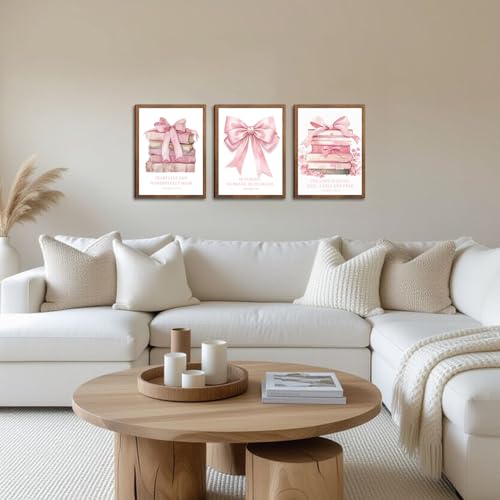 Wow NEW ART Pink Bow And Book Canvas Wall Art Set of 3, 12x16In Wood Framed | Coquette Trendy Preppy Cute Girl Posters Prints Wall Decor, Book Lovers Gifts for Girls Room Apartment Living Room Bedroom - color: Pink book bow, size: 16L" x 12W"
